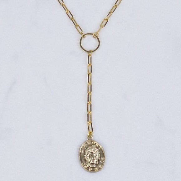 new with box lariat paperclip link chain lariat with disc coin charm pendant - Picture 5 of 8